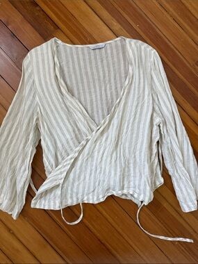 Linenfox Striped Wrap Blouse - Cream & White